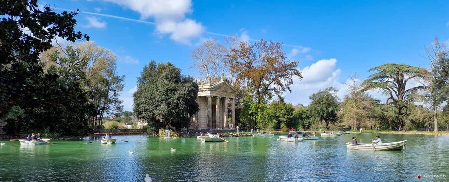 ROME: Villa Borghese Lake tour by boat with independent rowing + aperitif - The Temple of Aesculapius: the “wow” you can reach